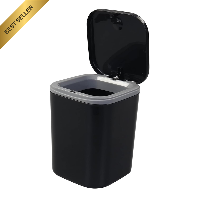 0.5 Gallon Tiny Desktop Push-Button Trash Can, Black | Mini Wastebasket, One-Tou