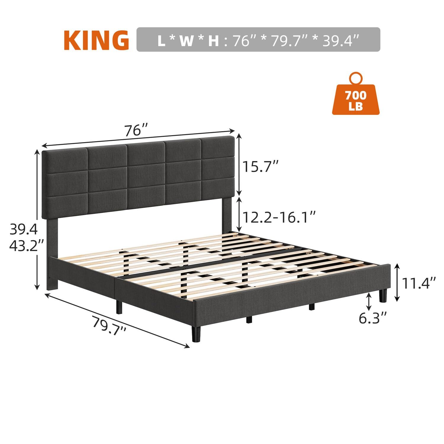 Twin Full Queen King Size Bed Frame Adjustable Upholstered Platform Headboard