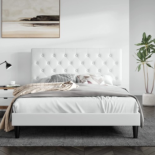 ベッドフレーム White bed frame Full Size Faux Leather Platform Bed Frame with Button Tufted