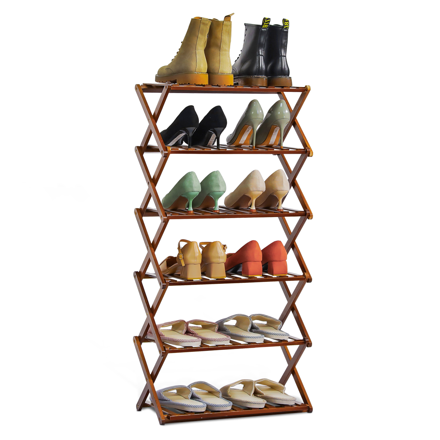 Entryway 20"Brown Bamboo [FOLDING SHOES RACK] 6-Tier Boots Flats Storage Shelves