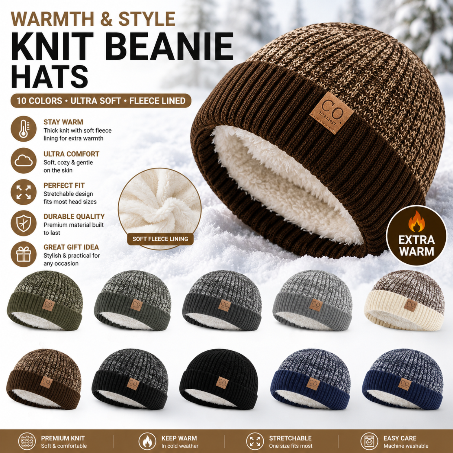 New Unisex Two-Tone Winter Hats Add Fur Lined Men and Women Fashion Warm Beanie