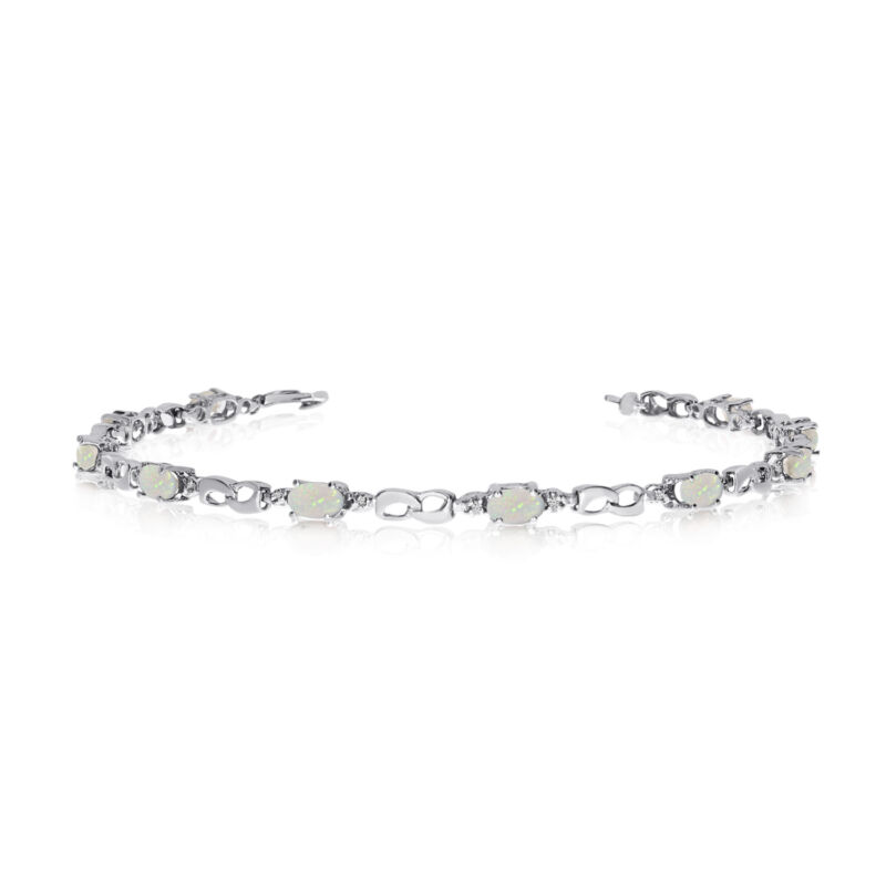 10k White Gold Oval Opal And Diamond Link Bracelet