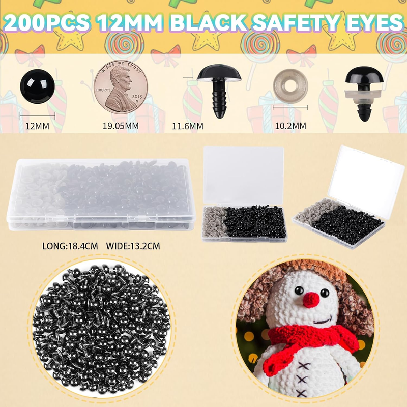 400pcs 12mm Safety Eyes for Amigurumi with Washers Plastic Black Safety Eyes for