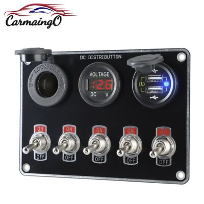 5 Gang Rocker Ignition Switch Panel Voltmeter Dual USB 12V Racing Car Truck Boat