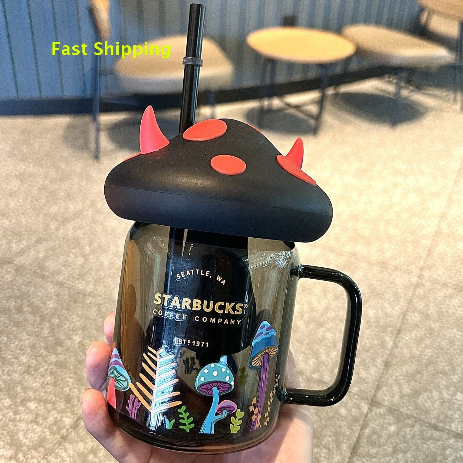 Authentic Starbucks Mushroom Glass Cup & Peach Blossom Toppe