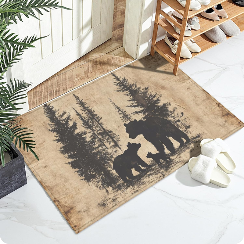 Rustic Cabin Bear Bath Mat for Bathroom,Washable Door Mat Absorbent Bath Rug Non