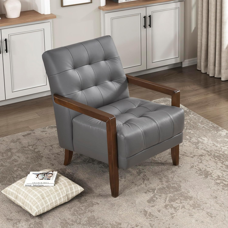 Modern Accent Chair, Luxury Genuine Leather Living Room Chair with