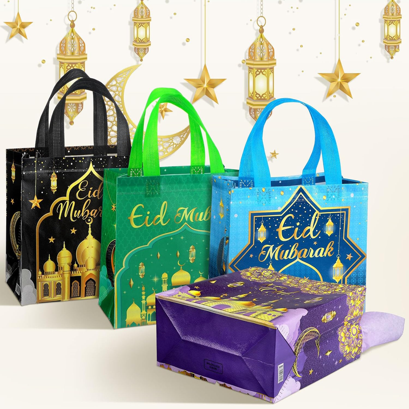 Eid Mubarak Gift Bags: 16Pcs with Tissue Paper, Handles | Reusable Non-Woven Mus