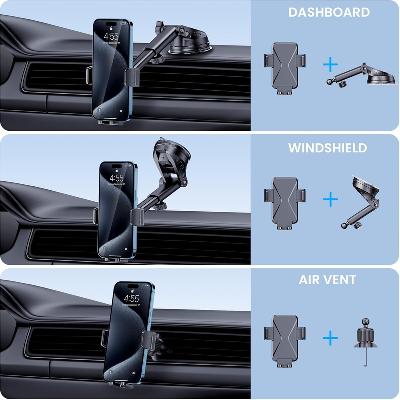 Car Phone Holder Mount, [Military-Grade Suction & Super Sturdy Base] 3 in 1 Univ