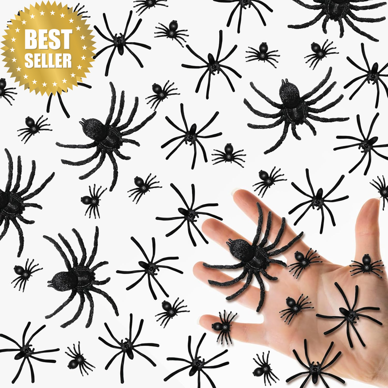 Pack of 100 Halloween Spiders, 3 Sizes, Black Plastic Spider for Halloween Party