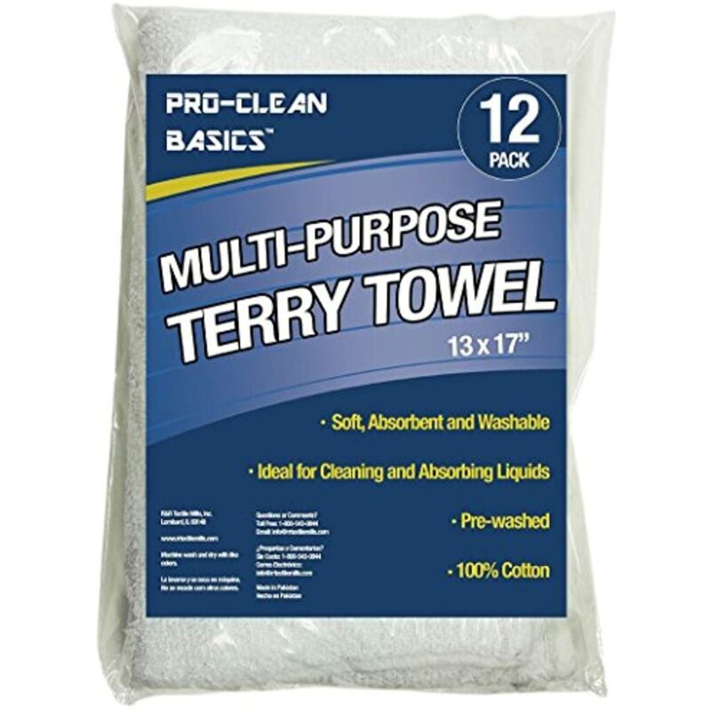 Pro-Clean Basics Multi Purpose Terry Towel 100% Cotton White 13" x 17", 12 Pack