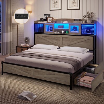 Farmhouse LED Bed Frame Queen Size with Drawers & Storage Headboard Rustic Oak