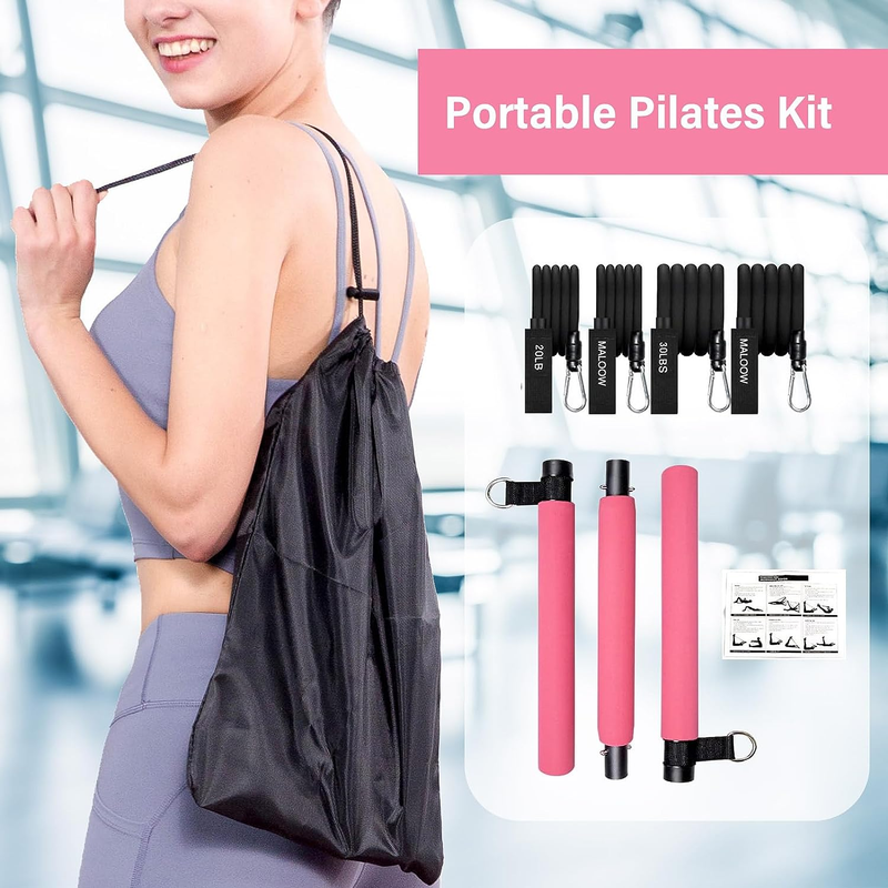 Pilates Bar Kit with Resistance Bands (2 Standard & 2 Strong), Protable Home Gym