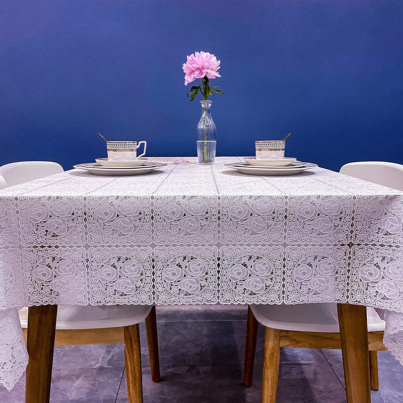 White Lace Tablecloth, Vinyl Plastic Table Covers, Stain-Resistant Wipeable Tabl