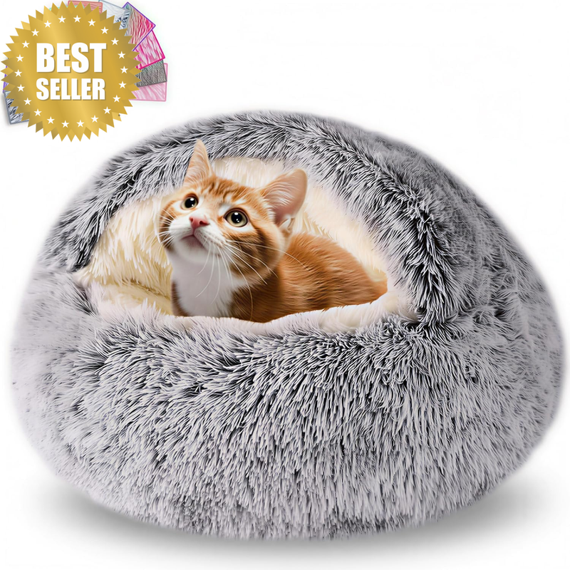 Cat Cave Bed for Indoor Cats and Small Dogs, Grey Plush Calming Pet Sleeping Bag