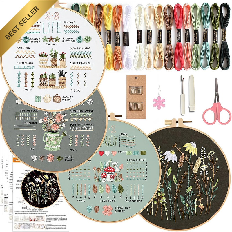 4 Sets Beginner Embroidery Kit with Patterns, Hoops & Threads - Complete Embroid