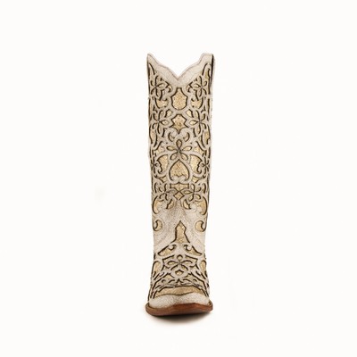 Pre-owned Ferrini Ladies Distressed White Leather Bliss V-toe Cowboy Boots