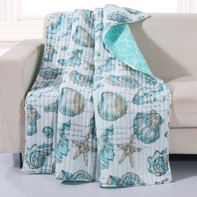 Coastal Quilted Throw Blanket Blue Shells Starfish Beach House Bedding Cover