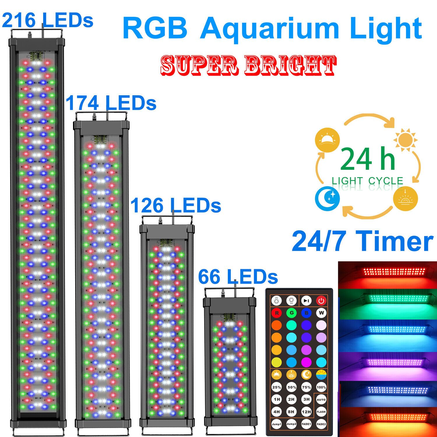 12 24 36 48Inch Aquarium Light Fish Tank RGB 24/7 Timer AUTO