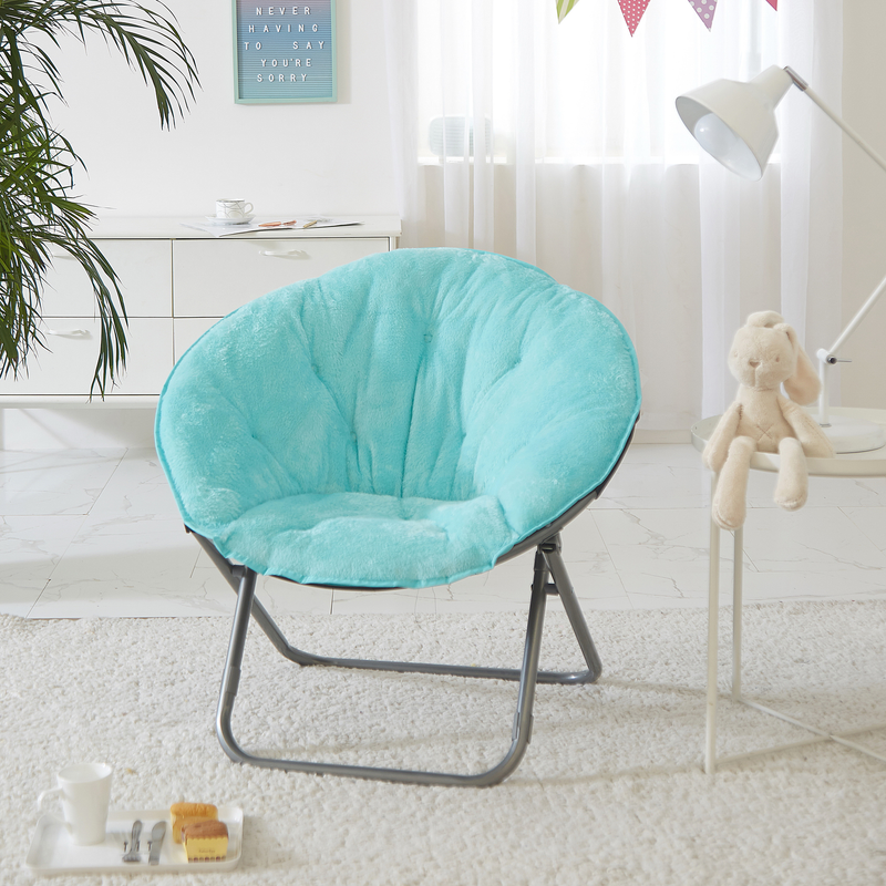 Fur Faux Saucer Chair Folding Steel Frame Portable for Living Room  Bedroom, Blu