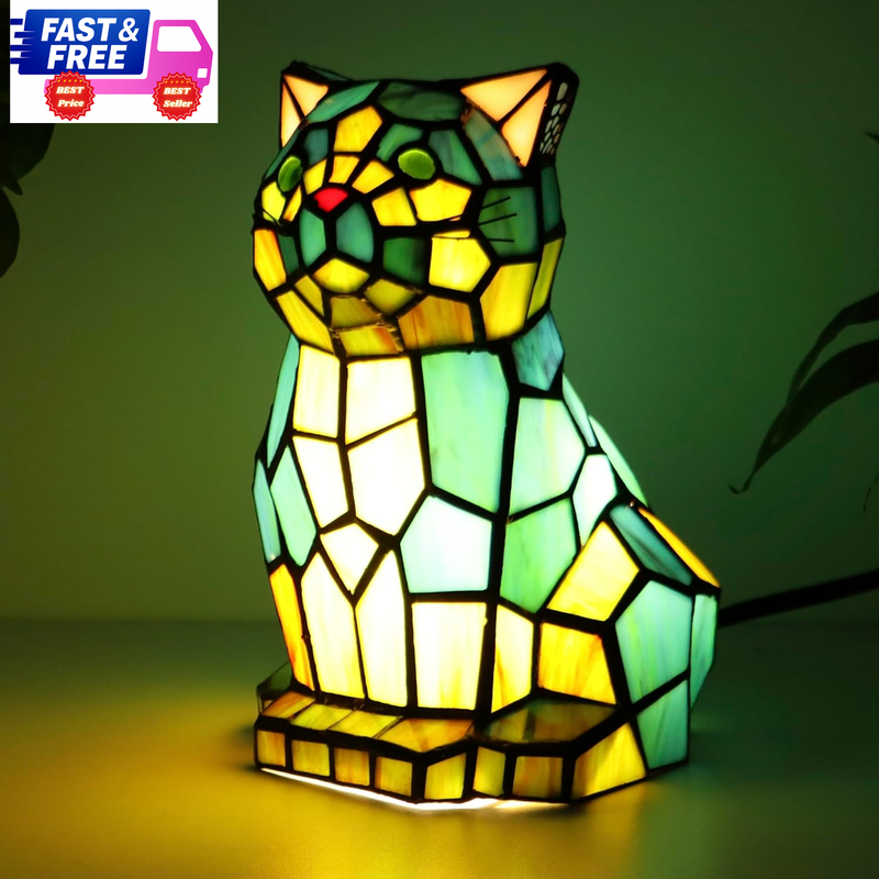 Tiffany Cat Lamp Blue and Green Stained Glass Animal Table Lamp Accent Lamp