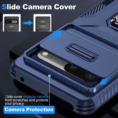 For Google Pixel 7/8A/8 Pro Shockproof Rubber Stand Case Slide Camera Lens Cover