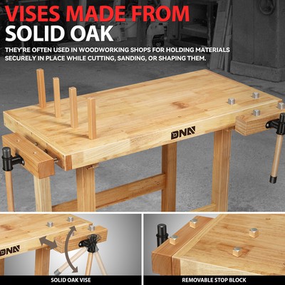 40" x 25" Heavy Duty Oak Plank Workbench Work Table w/ 2 Adjustable Handles