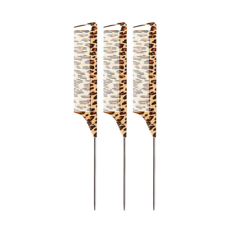 3 Pack Parting Pin Tail Comb Teasing Comb Reduces Frizz Heat Resistant (Leopard)