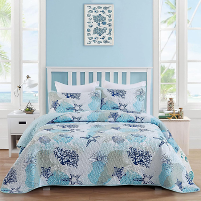 Coastal Quilt Set King Size Blue Ocean Beach Themed Bedding Set