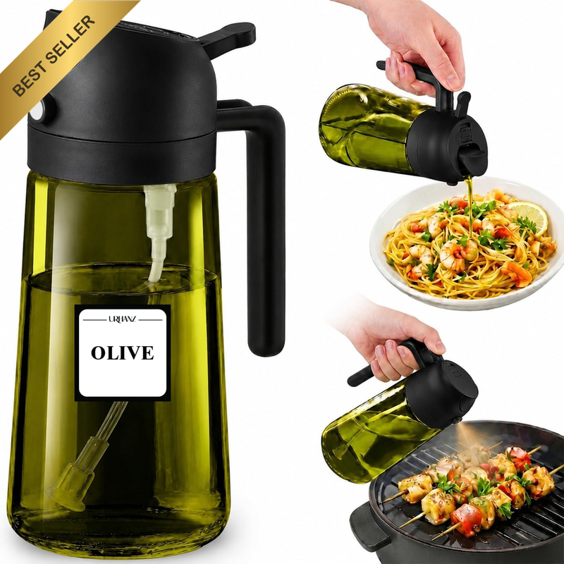 2-In-1 Olive Oil Dispenser Spray Bottle 470Ml, Dark Glass Oil Sprayer for Cookin