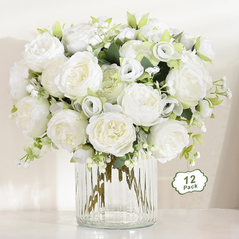12 Packs Peonies Artificial Flowers, White Artificial Peonies, Silk Peonies Flowers Fake Peonies Artificial Flowers Peonies Bouquet for Centerpiece Table Wedding Party Home Decor