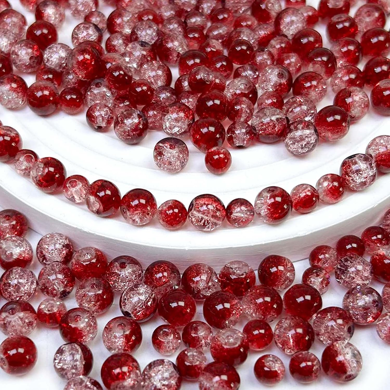 300Pcs Crackle Glass Beads, 6Mm and 8Mm Dark Red Crystal Glass Beads round Loose