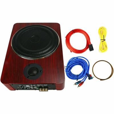 12V 600W 8'' Active Car Subwoofer Under Seat Slim Enclosure+Wire Kit