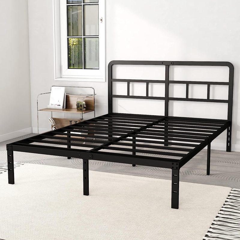 14 Inch Full Size Bed Frame with Headboard No Box Spring Needed, Heavy Duty Meta