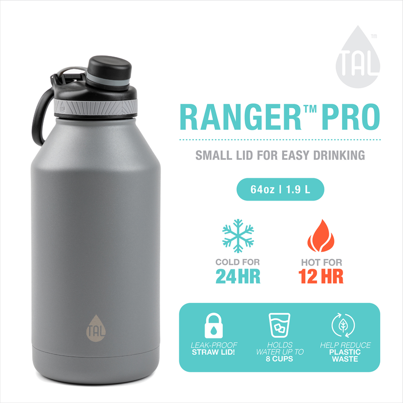 TAL Ranger Pro 64 Oz Metallic Silver and Black Solid Print Double Wall Insulated