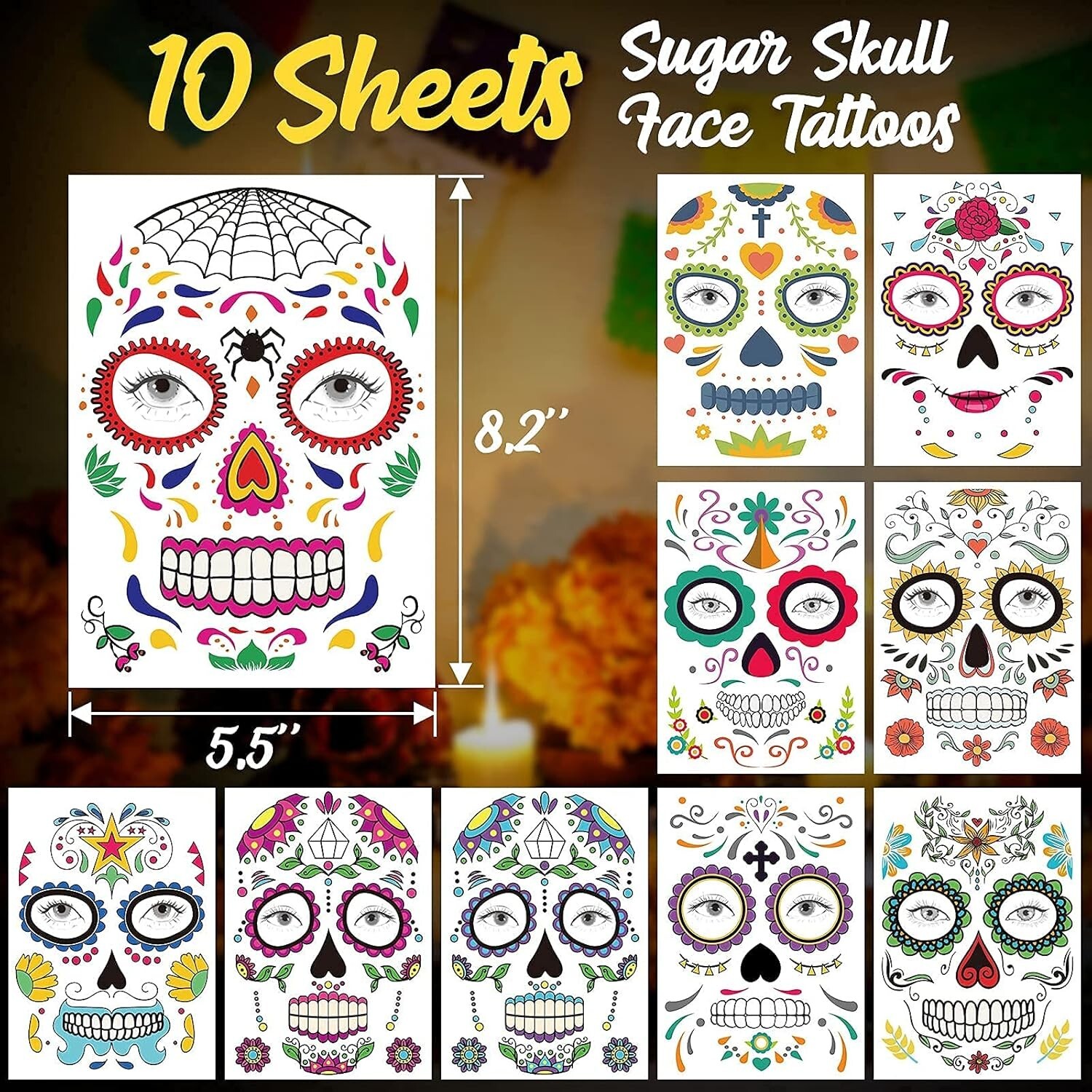 Day of the Dead Face Tattoos Makeup- Halloween Costume for Women Men Adults Kids