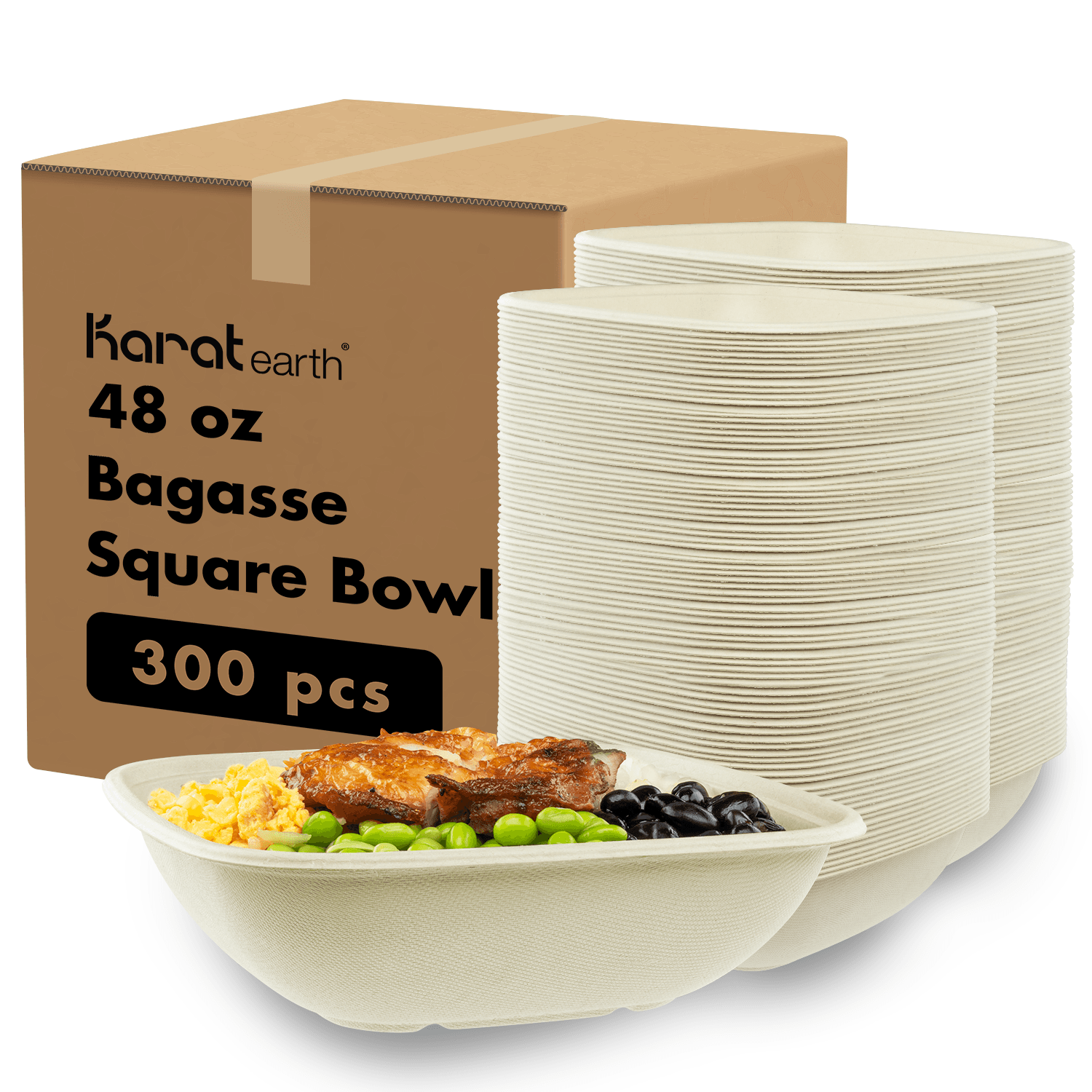 Karat Earth 48oz PFAS Free Bagasse Square Bowl, Natural - 300 pcs, KE-BBS48N-FF