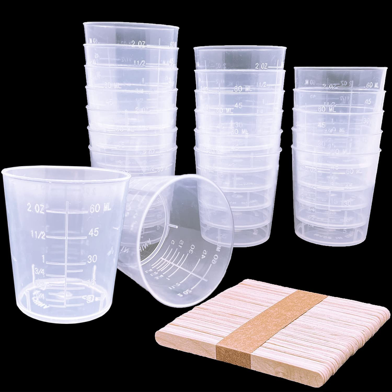 30 Pcs Plastic Graduated Cups 60ml/2oz with 50 Pcs Wooden Stirring Sticks