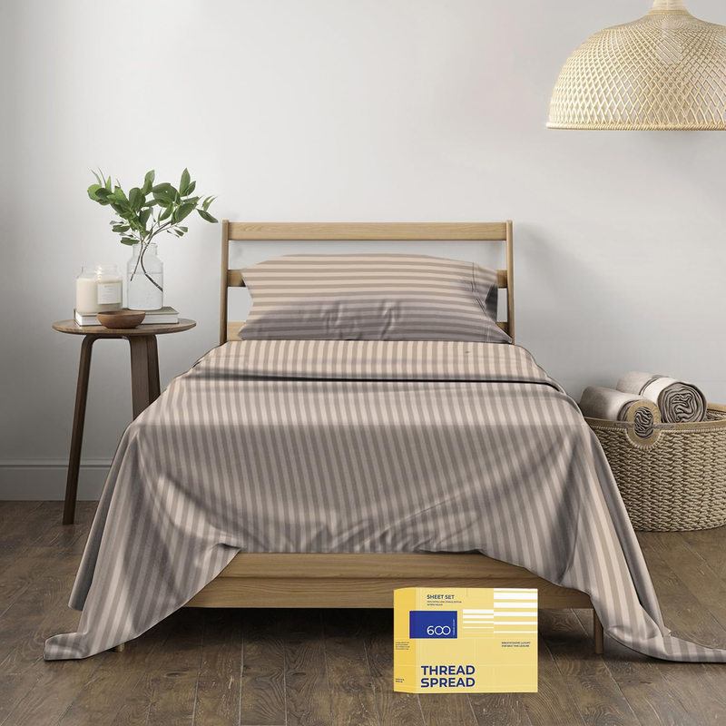 Luxury Egyptian Cotton Twin Stripe Sheet Set - 600 Thread Count Extra Long Staple 3 PC Set, Twin Damask Sheets, Soft, Cooling Sateen Weave Striped Sheets Upto 18