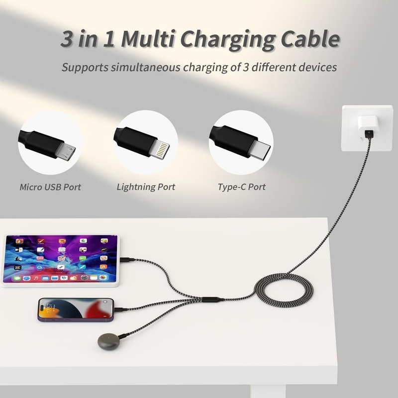Multi Charging Cable(2Pack 4FT), 3 in 1 USB Charging Cable for Multiple Devices,
