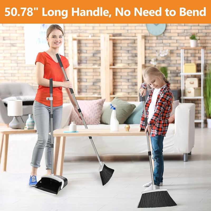 Broom and Dustpan Set, Dust Pan and Broom with Long Handle Heavy Duty Broom Dust
