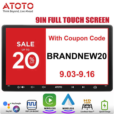 ATOTO F7WE 9'' Double Din Car Stereo Wireless Android Auto&CarPlay GPS Navi Radio