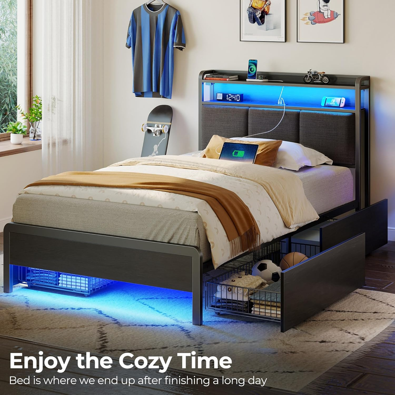 Bed Frame Twin Size with Charging Station and LED Lights, Upholstered Storage He