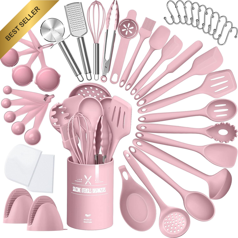 Silicone Cooking Kitchen Utensil Set, 43 Pcs Pink Cooking Utensils Set, Turner,