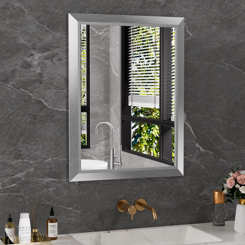 24X32 Inch Bathroom Mirror Silver, Thick Metal Framed Wall Mirrors for over Sink, Brushed Nickel Mirror Perfect for Bedroom, Living Room, Entryway, Rectangle (Horizontal/Vertical).