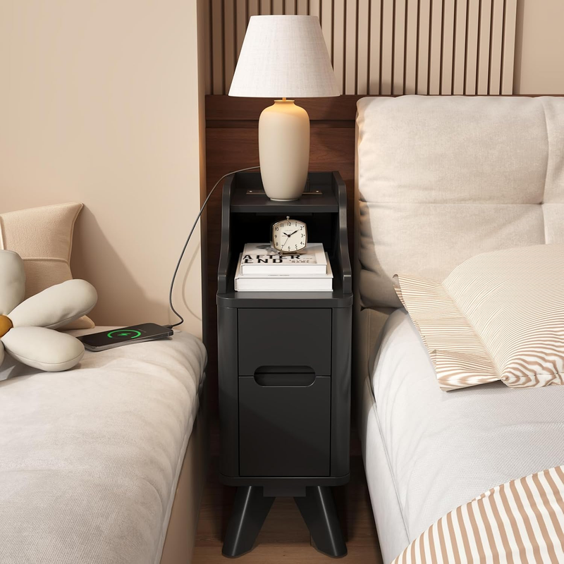 Narrow Side Table, Wooden Small 2 Drawer Nightstand with Charger Station, Thin Couch Side End Table, Skinny Bedside Table Small Spaces, Mid Century Modern Night Stand with Drawers, Black