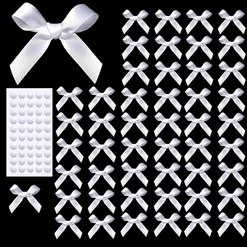 50 Pcs Mini White Bows,1.57 Inch Small Ribbon Bow Decorations, Mini Satin Fabric