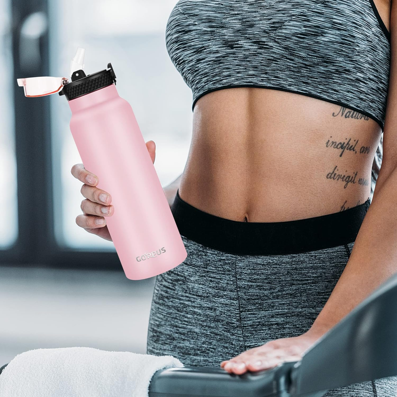 24 Oz Insulated Double Wall Vacuum Water Bottle with Straw Stainless Steel