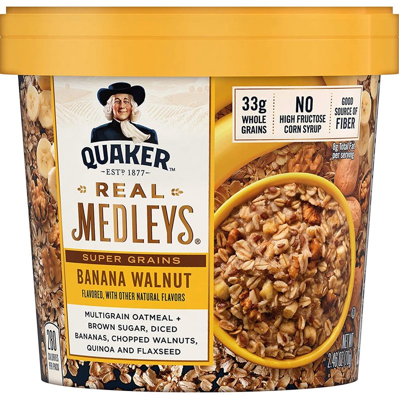 Quaker Real Medleys Super Grains Oatmeal+, Banana Walnut, Oatmeal Cups, 12 Count