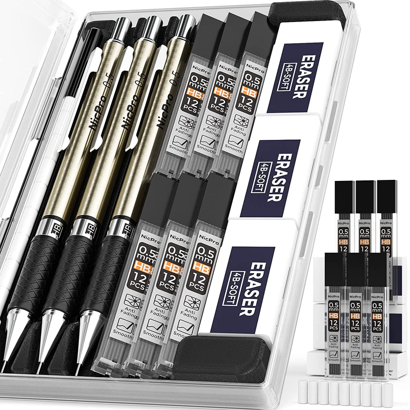 Set With Case, Nicpro 0.5 Mm Art 3 Pcs Drafting Lead Hold